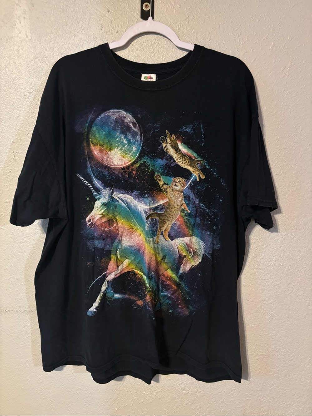 Fruit of the Loom Black Rainbow Unicorn and Cats Graphic Tee